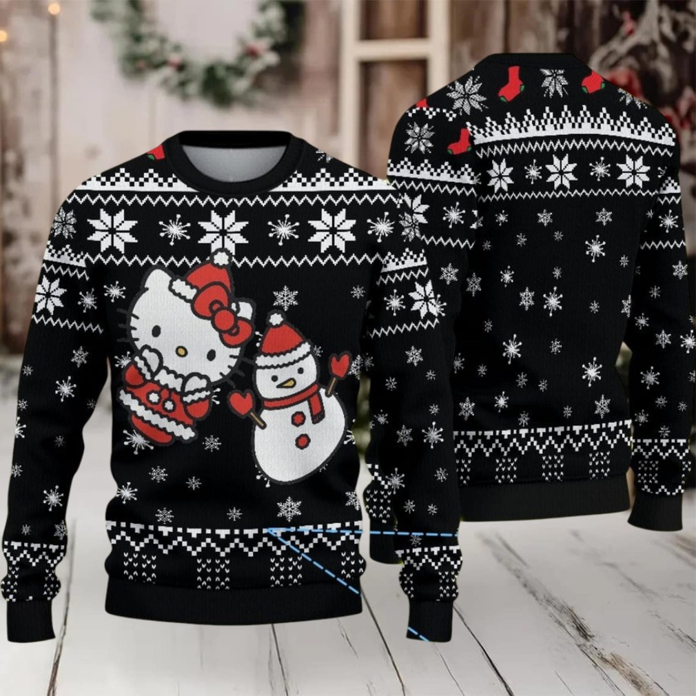 Black Ugly Christmas Sweater with White Snowflake Pattern Featuring Hello Kitty and Snowman Black Ugly Christmas Sweater with White Snowflake Pattern Featuring Hello Kitty and Snowman