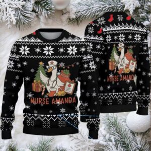 Black Ugly Christmas Sweater with White Snowflake Pattern Featuring Nurse Amanda with Christmas Tree and Gifts