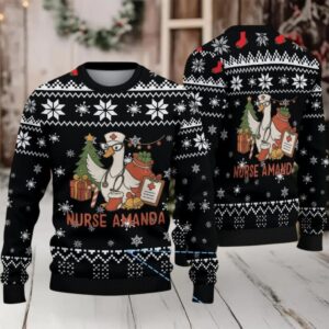 Black Ugly Christmas Sweater with White Snowflake Pattern Featuring Nurse Amanda with Christmas Tree and Gifts