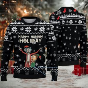 Black Ugly Christmas Sweater with White Snowflake Pattern Featuring Rick and Morty Happy Human Holiday