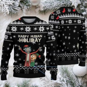 Black Ugly Christmas Sweater with White Snowflake Pattern Featuring Rick and Morty Happy Human Holiday