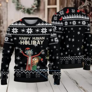 Black Ugly Christmas Sweater with White Snowflake Pattern Featuring Rick and Morty Happy Human Holiday