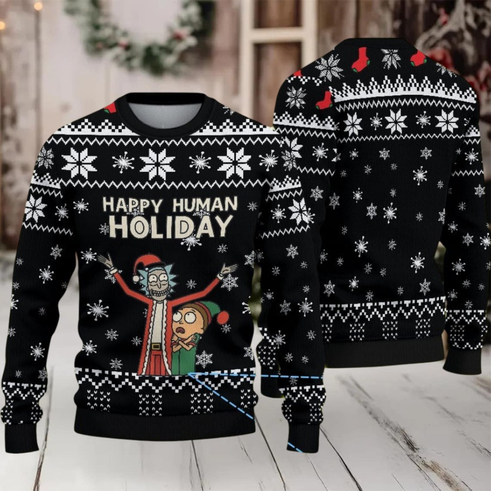 Black Ugly Christmas Sweater with White Snowflake Pattern Featuring Rick and Morty Happy Human Holiday Black Ugly Christmas Sweater with White Snowflake Pattern Featuring Rick and Morty Happy Human Holiday