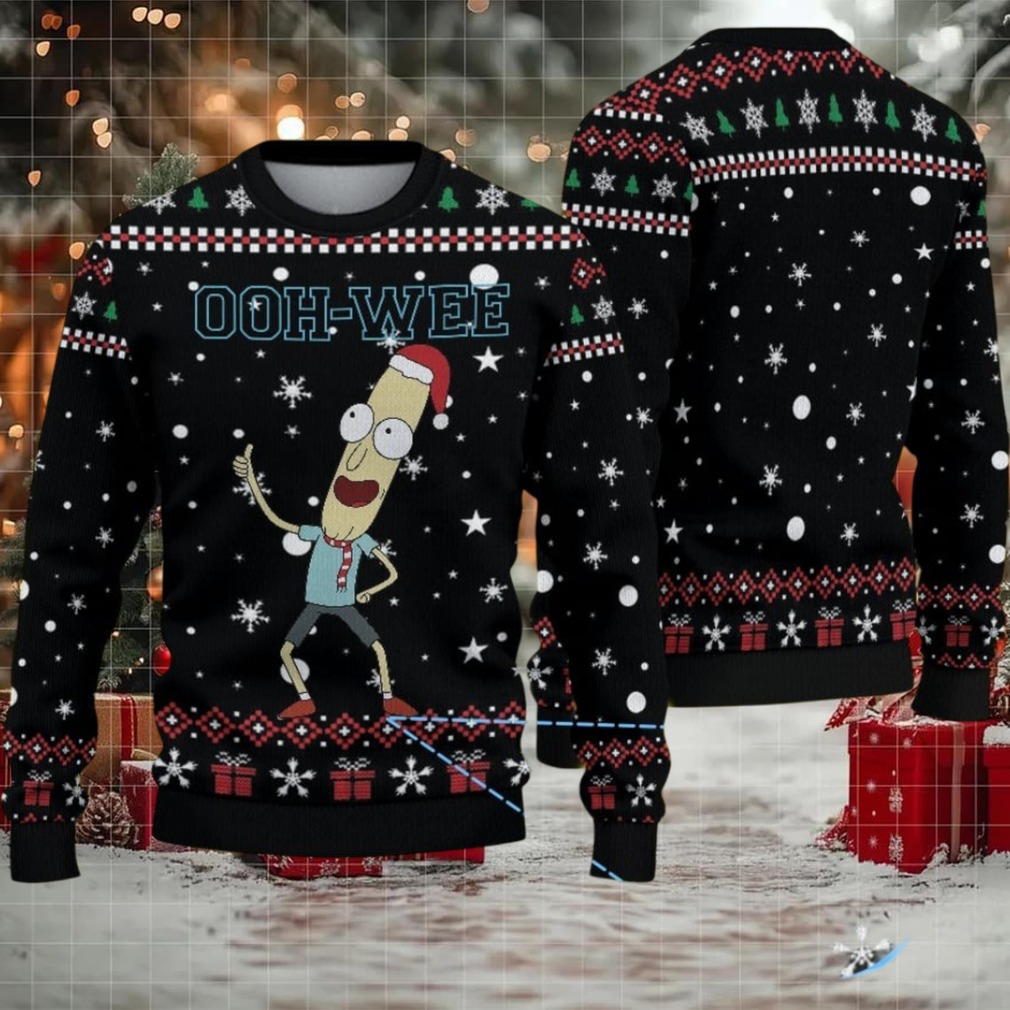 Black Ugly Christmas Sweater with White Snowflake Pattern Featuring Rick and Morty Mr. Poopybutthole Ooh Wee Black Ugly Christmas Sweater with White Snowflake Pattern Featuring Rick and Morty Mr. Poopybutthole Ooh Wee