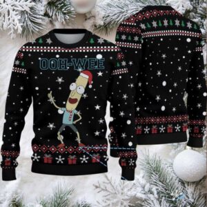 Black Ugly Christmas Sweater with White Snowflake Pattern Featuring Rick and Morty Mr. Poopybutthole Ooh Wee