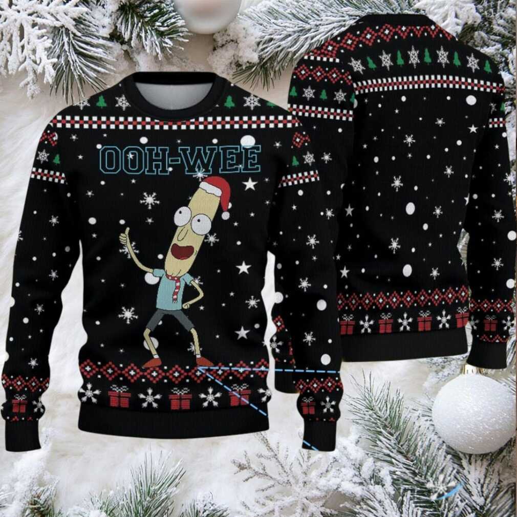 Black Ugly Christmas Sweater with White Snowflake Pattern Featuring Rick and Morty Mr. Poopybutthole Ooh Wee Black Ugly Christmas Sweater with White Snowflake Pattern Featuring Rick and Morty Mr. Poopybutthole Ooh Wee