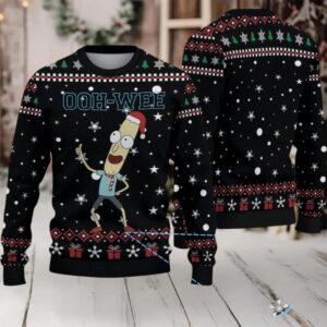 Black Ugly Christmas Sweater with White Snowflake Pattern Featuring Rick and Morty Mr. Poopybutthole Ooh Wee