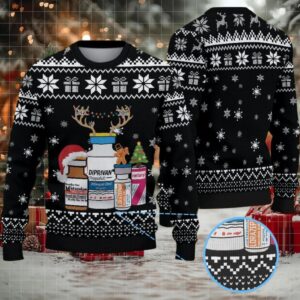 Black Ugly Christmas Sweater with White Snowflake and Gift Pattern Featuring Nurse Theme with Medical Bottles and Christmas Elements