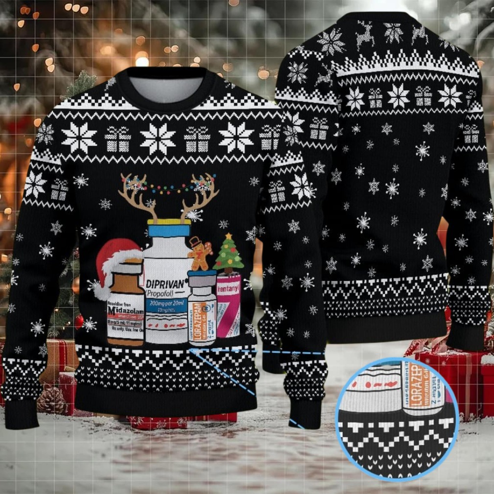 Black Ugly Christmas Sweater with White Snowflake and Gift Pattern Featuring Nurse Theme with Medical Bottles and Christmas Elements