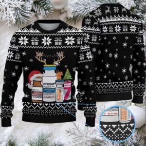 Black Ugly Christmas Sweater with White Snowflake and Gift Pattern Featuring Nurse Theme with Medical Bottles and Christmas Elements
