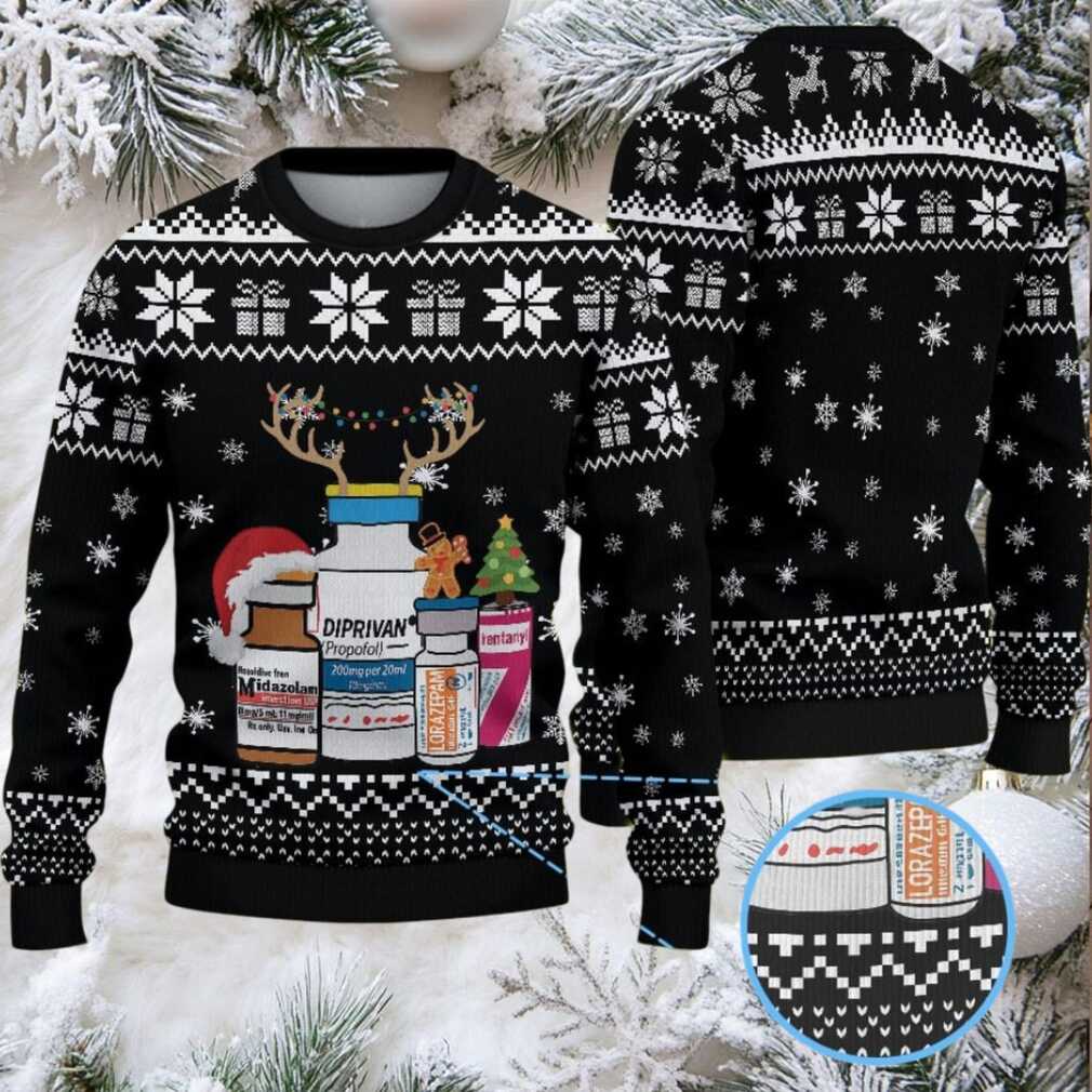 Black Ugly Christmas Sweater with White Snowflake and Gift Pattern Featuring Nurse Theme with Medical Bottles and Christmas Elements