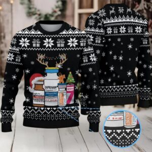 Black Ugly Christmas Sweater with White Snowflake and Gift Pattern Featuring Nurse Theme with Medical Bottles and Christmas Elements