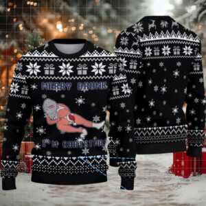 Black White Snowflake Merry Drunk Santa Miller Lite Ugly Christmas Sweater
