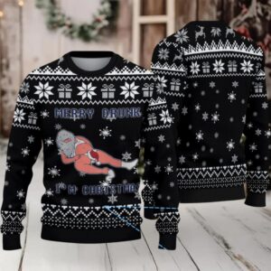Black White Snowflake Merry Drunk Santa Miller Lite Ugly Christmas Sweater
