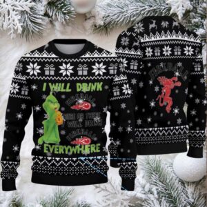 Black & White Snowflake Pattern “Fireball Cinnamon Whisky & Grinch” Ugly Christmas Sweater