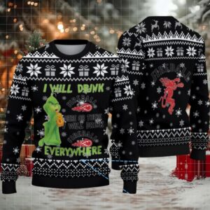 Black & White Snowflake Pattern “Fireball Cinnamon Whisky & Grinch” Ugly Christmas Sweater