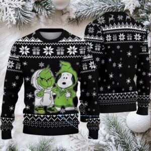 Black White Snowflake and Gift Pattern Grinch x Snoopy Tito’s Handmade Vodka Ugly Christmas Sweater