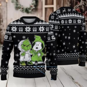 Black White Snowflake and Gift Pattern Grinch x Snoopy Tito’s Handmade Vodka Ugly Christmas Sweater