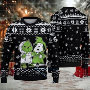 Black White Snowflake and Gift Pattern Grinch x Snoopy Tito’s Handmade Vodka Ugly Christmas Sweater