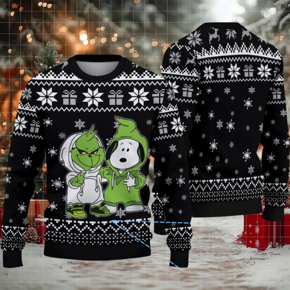 Black White Snowflake and Gift Pattern Grinch x Snoopy Tito’s Handmade Vodka Ugly Christmas Sweater Black White Snowflake and Gift Pattern Grinch x Snoopy Tito’s Handmade Vodka Ugly Christmas Sweater