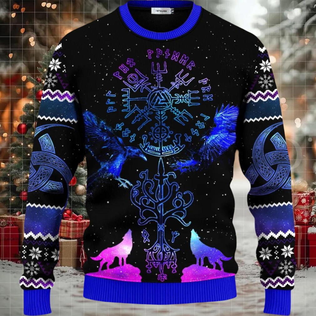 Blue Vegvisir Triple Horn Pattern Wolf Viking Ugly Christmas Sweater Blue Vegvisir Triple Horn Pattern Wolf Viking Ugly Christmas Sweater