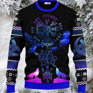 Blue Vegvisir Triple Horn Pattern Wolf Viking Ugly Christmas Sweater