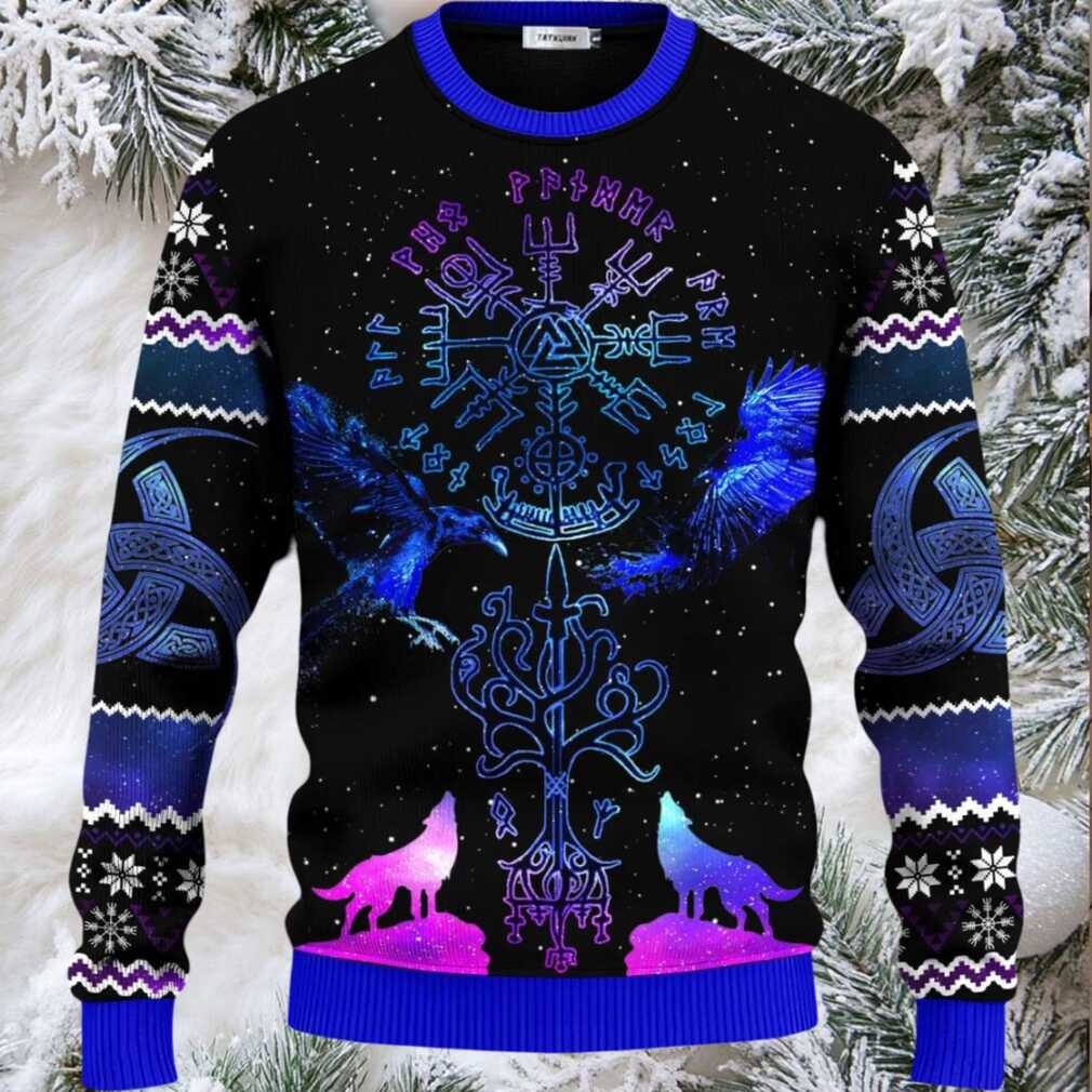 Blue Vegvisir Triple Horn Pattern Wolf Viking Ugly Christmas Sweater Blue Vegvisir Triple Horn Pattern Wolf Viking Ugly Christmas Sweater