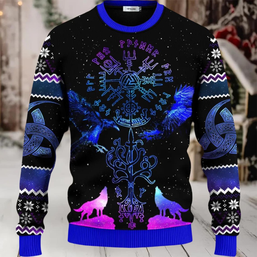 Blue Vegvisir Triple Horn Pattern Wolf Viking Ugly Christmas Sweater Blue Vegvisir Triple Horn Pattern Wolf Viking Ugly Christmas Sweater