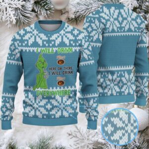 Blue White Knitted Pattern “I Will Drink Tito’s Everywhere” Ugly Christmas Sweater Featuring Tito’s Handmade Vodka