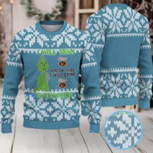 Blue White Knitted Pattern “I Will Drink Tito’s Everywhere” Ugly Christmas Sweater Featuring Tito’s Handmade Vodka