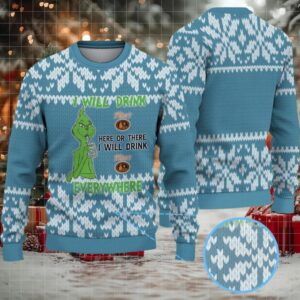 Blue White Knitted Pattern “I Will Drink Tito’s Everywhere” Ugly Christmas Sweater Featuring Tito’s Handmade Vodka
