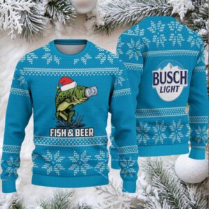 Blue & White Snowflake Pattern “Busch Light Fish & Beer” Ugly Christmas Sweater