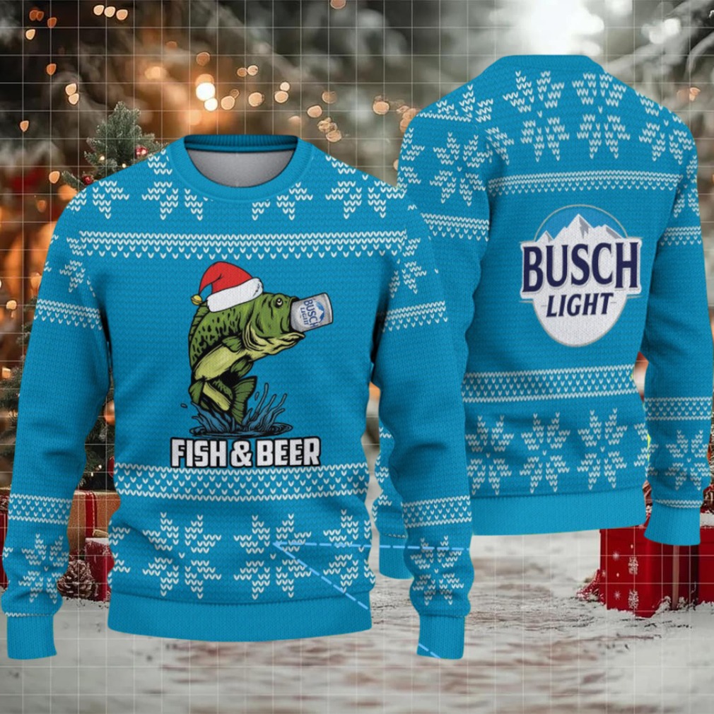 Blue & White Snowflake Pattern “Busch Light Fish & Beer” Ugly Christmas Sweater Blue & White Snowflake Pattern “Busch Light Fish & Beer” Ugly Christmas Sweater