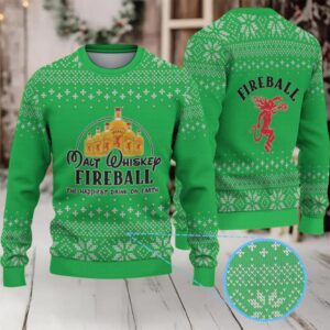 Bright Green Snowflake Pattern “Fireball Cinnamon Whisky Bottles” Ugly Christmas Sweater