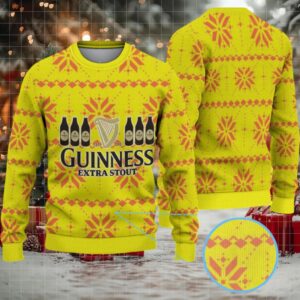 Bright Yellow Snowflake Fair Isle Guinness Extra Stout Ugly Christmas Sweater