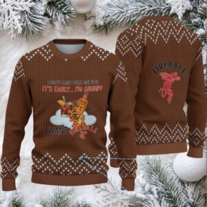 Brown Knitted Pattern “Grumpy Tiger & Fireball Cinnamon Whisky Bottle” Ugly Christmas Sweater