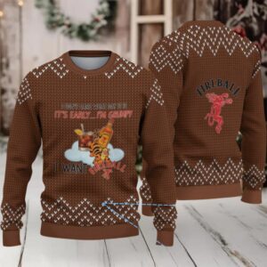 Brown Knitted Pattern “Grumpy Tiger & Fireball Cinnamon Whisky Bottle” Ugly Christmas Sweater