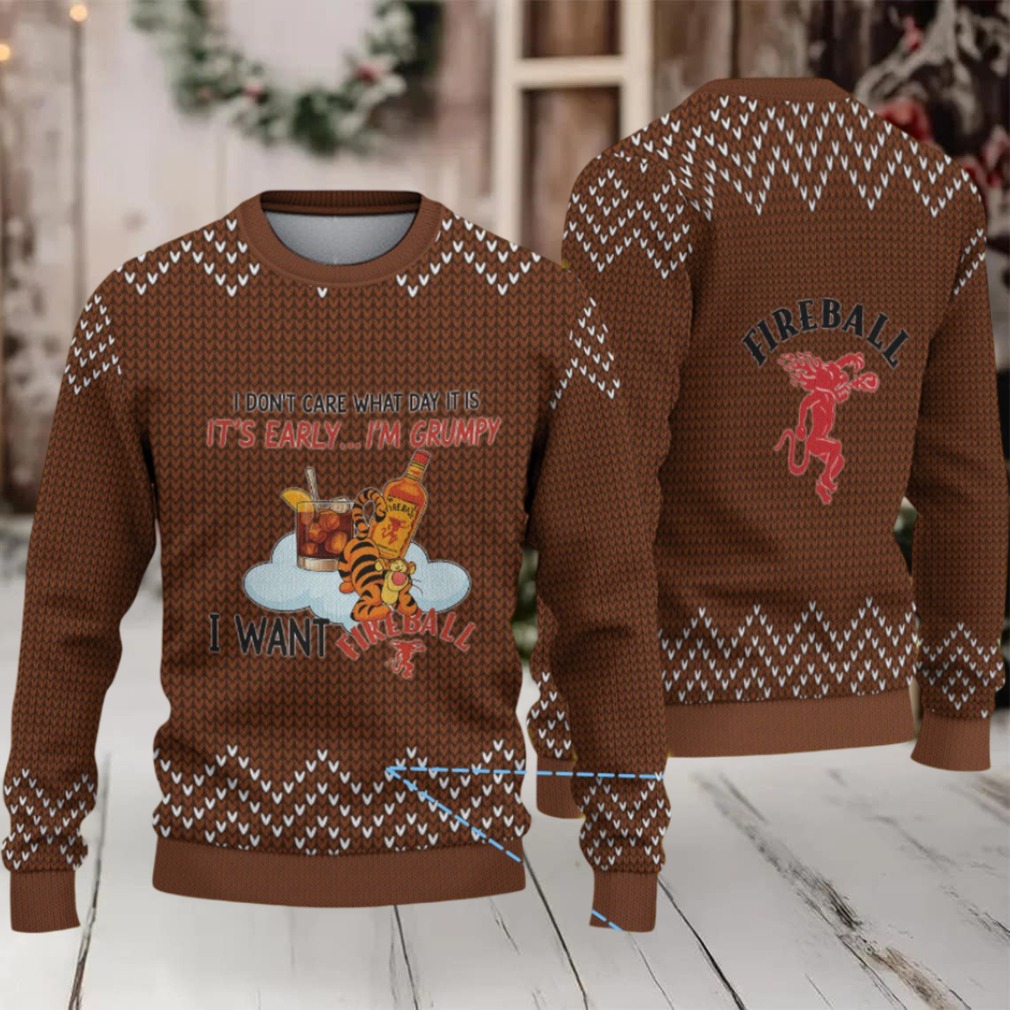 Brown Knitted Pattern “Grumpy Tiger & Fireball Cinnamon Whisky Bottle” Ugly Christmas Sweater Brown Knitted Pattern “Grumpy Tiger & Fireball Cinnamon Whisky Bottle” Ugly Christmas Sweater