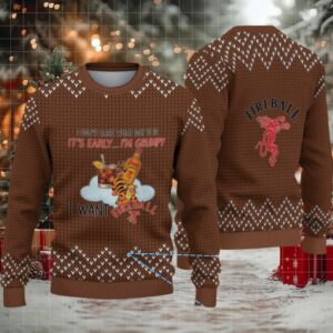Brown Knitted Pattern “Grumpy Tiger & Fireball Cinnamon Whisky Bottle” Ugly Christmas Sweater
