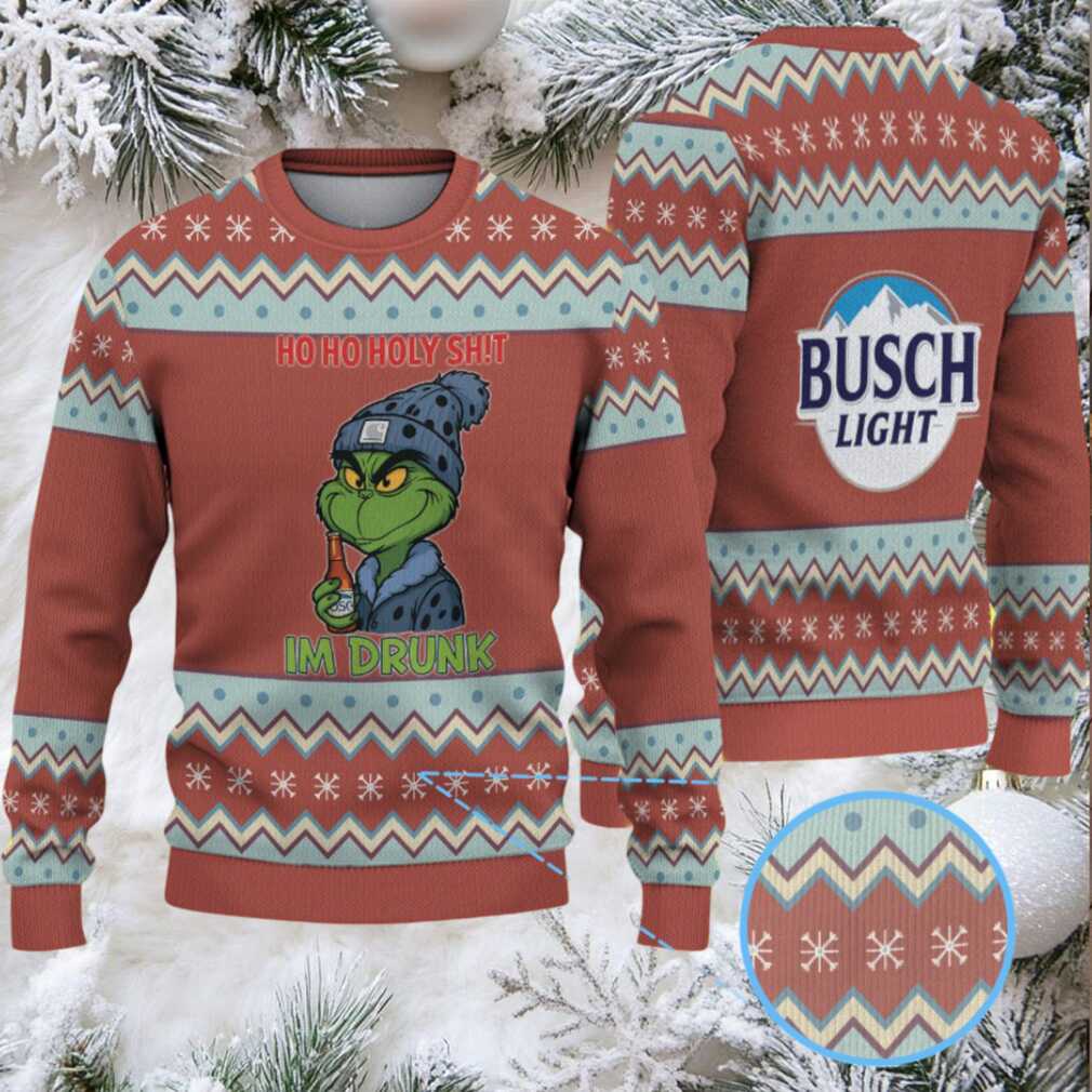 Brown, Light Blue & White Zigzag Snowflake Pattern “Busch Light Grinch Drunk” Ugly Christmas Sweater