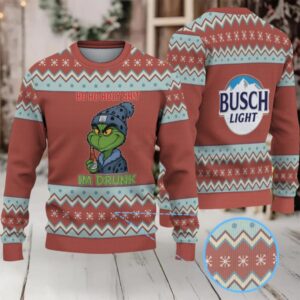 Brown, Light Blue & White Zigzag Snowflake Pattern “Busch Light Grinch Drunk” Ugly Christmas Sweater