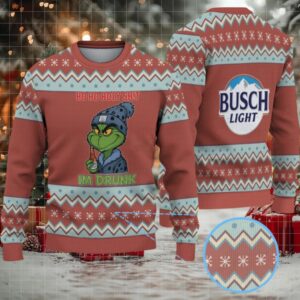 Brown, Light Blue & White Zigzag Snowflake Pattern “Busch Light Grinch Drunk” Ugly Christmas Sweater