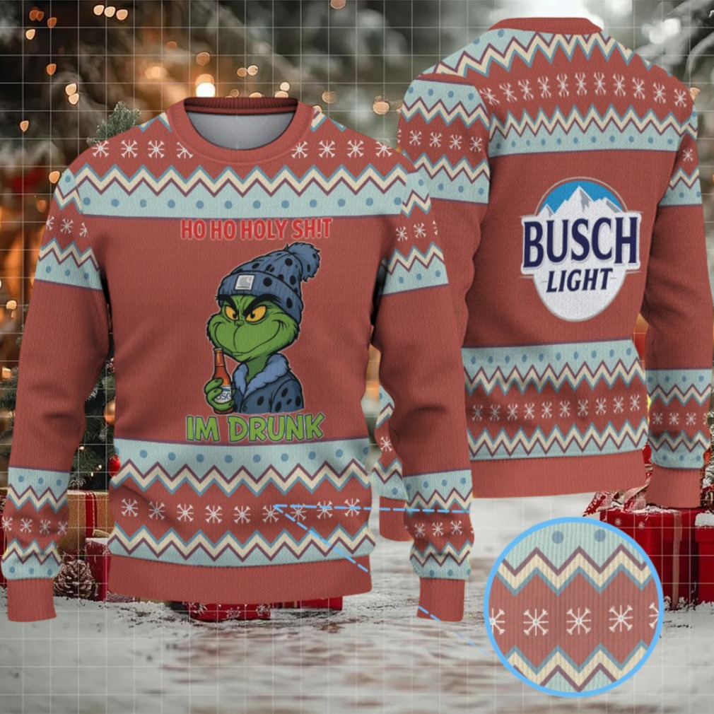 Brown, Light Blue & White Zigzag Snowflake Pattern “Busch Light Grinch Drunk” Ugly Christmas Sweater Brown, Light Blue & White Zigzag Snowflake Pattern “Busch Light Grinch Drunk” Ugly Christmas Sweater