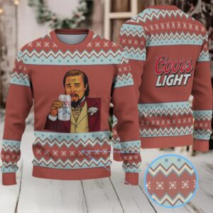 Brown & Sky Blue Zigzag Pattern “Leonardo Toasting Coors Light” Ugly Christmas Sweater – Coors Light Edition