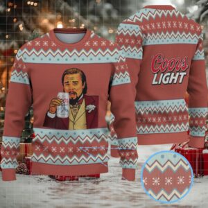Brown & Sky Blue Zigzag Pattern “Leonardo Toasting Coors Light” Ugly Christmas Sweater – Coors Light Edition