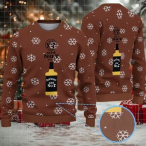 Brown Snowflake Ugly Christmas Sweater Jack Daniel’s Old No. 7 Whiskey Bottle Pattern