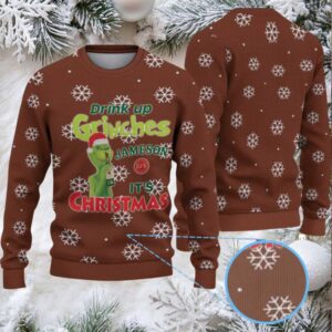 Brown White Snowflake Pattern “Drink Up Grinches – It’s Christmas” Ugly Christmas Sweater Featuring Jameson Irish Whiskey
