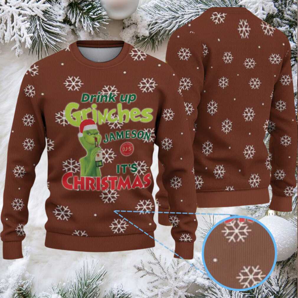 Brown White Snowflake Pattern “Drink Up Grinches – It’s Christmas” Ugly Christmas Sweater Featuring Jameson Irish Whiskey Brown White Snowflake Pattern “Drink Up Grinches – It’s Christmas” Ugly Christmas Sweater Featuring Jameson Irish Whiskey