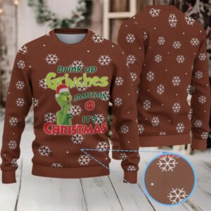Brown White Snowflake Pattern “Drink Up Grinches – It’s Christmas” Ugly Christmas Sweater Featuring Jameson Irish Whiskey