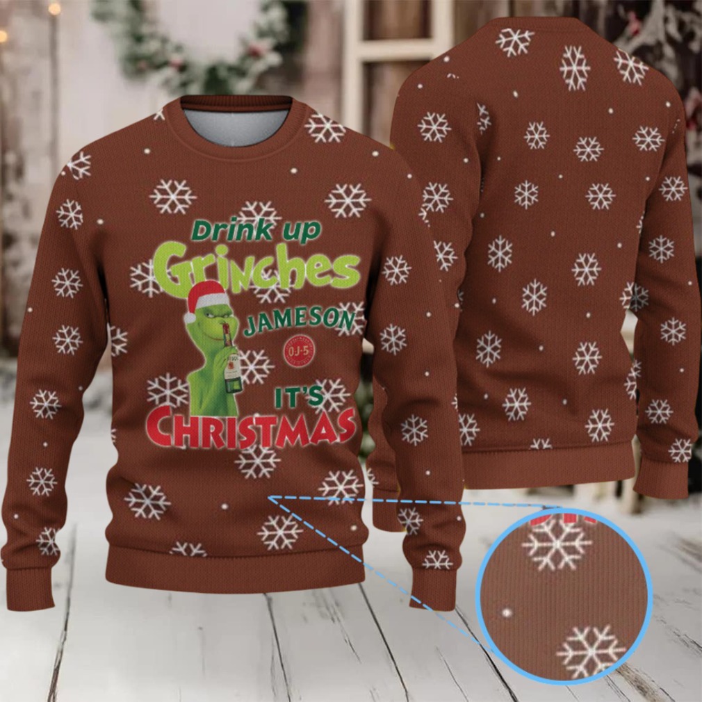 Brown White Snowflake Pattern “Drink Up Grinches – It’s Christmas” Ugly Christmas Sweater Featuring Jameson Irish Whiskey Brown White Snowflake Pattern “Drink Up Grinches – It’s Christmas” Ugly Christmas Sweater Featuring Jameson Irish Whiskey